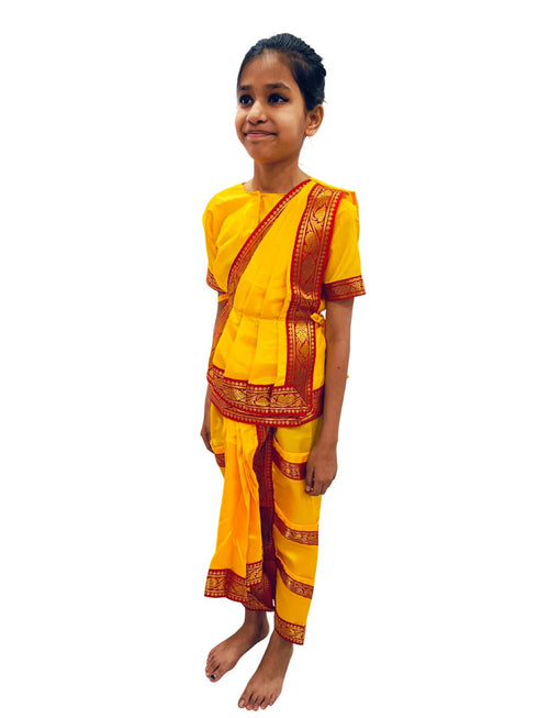 BookMyCostume Yellow & Red Bharatanatyam Saree Indian Classical Dance Costume for Girls | Kids & Adult Fancy Dress Costume